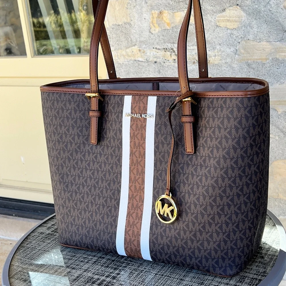 Michael Kors Jet Set Travel Medium Carry All tote&wallet brown Signature stripe - Picture 3 of 9